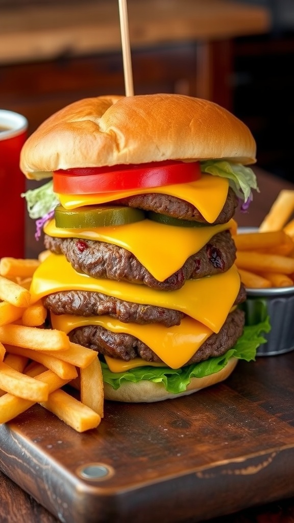 A classic cheeseburger with lettuce, tomato, and pickles, served with crispy fries on a wooden table.